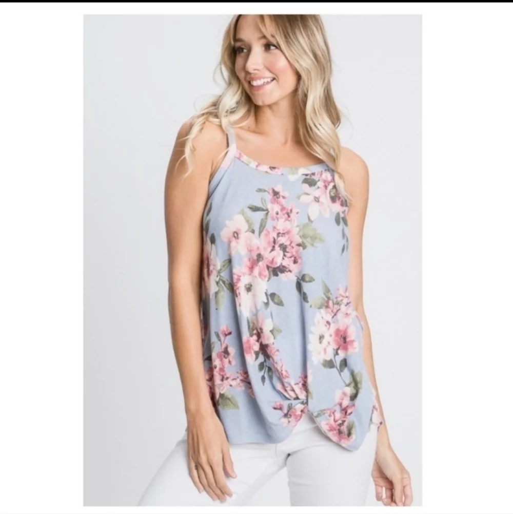 Hopley Floral Spaghetti Strap Tank Top With Knot on the Side Detail-S & L - Picture 5 of 14